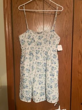 Altar’d State White Floral Eyelet Sundress with Blue & Green Flowers